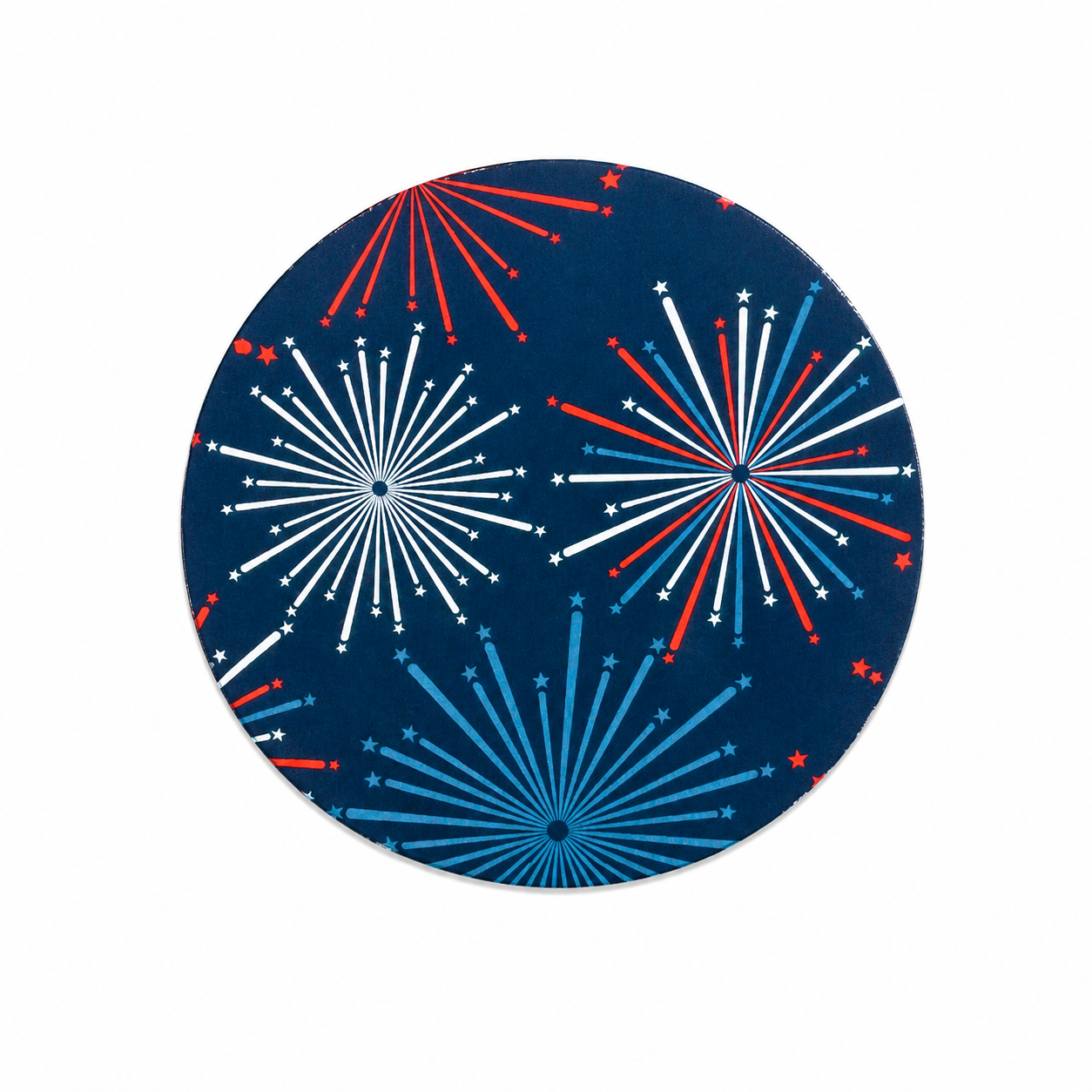 Patriotic fireworks hard board add-on featuring red, white, and blue firework bursts and stars on a navy background, compatible with interchangeable badge reel bases.