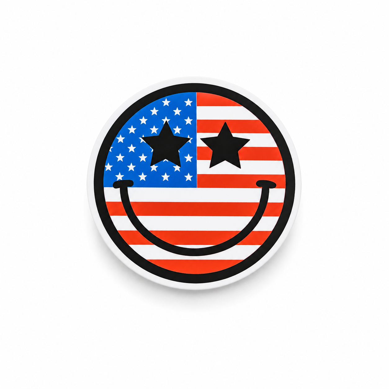 Patriotic Smiley Face plastic add-on with American flag-inspired design and star eyes, compatible with interchangeable badge reel bases
