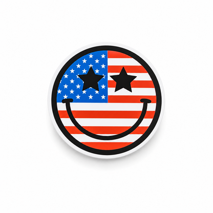 Patriotic Smiley Face plastic add-on with American flag-inspired design and star eyes, compatible with interchangeable badge reel bases