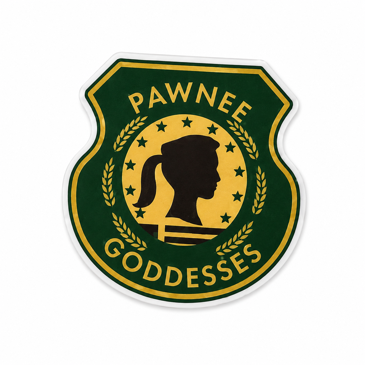 Pawnee Goddesses plastic add-on featuring retro inspired green badge-style design for compatible interchangeable badge reel bases and healthcare worker accessories