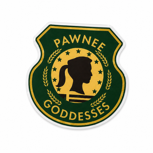 Pawnee Goddesses plastic add-on featuring retro inspired green badge-style design for compatible interchangeable badge reel bases and healthcare worker accessories