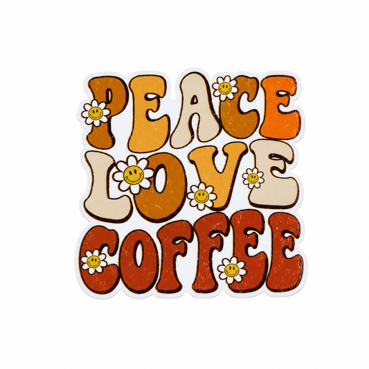 PEACE LOVE COFFEE plastic add-on with retro lettering and smiley flowers, compatible with interchangeable badge reel bases, coffee lover work badge accessory.