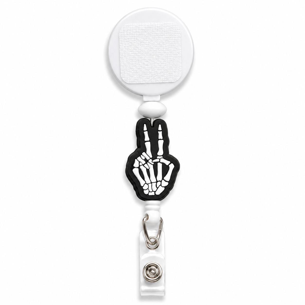 Peace Out Skeleton interchangeable beaded badge reel featuring a black skeleton hand peace sign charm with a retractable badge holder.