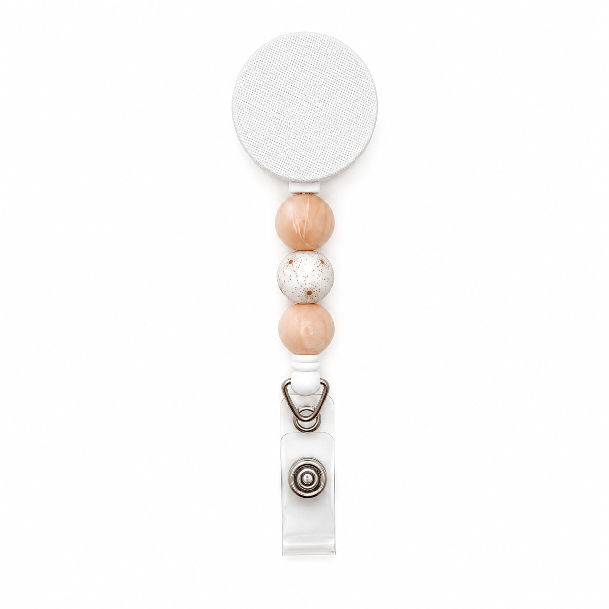 Peach poppy beaded badge reel with soft peach silicone beads and a decorative floral accent bead on a white retractable badge reel.