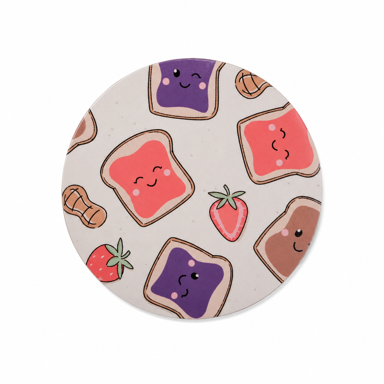 Peanut butter and jelly hard board add-on featuring smiling toast, strawberries, and peanuts, compatible with interchangeable badge reel bases for food lovers.