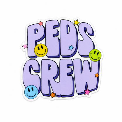 Plastic add-on featuring the text "PEDS CREW" with colorful smiley faces and stars, compatible with interchangeable badge reel bases, pediatric nurse and healthcare worker accessory.