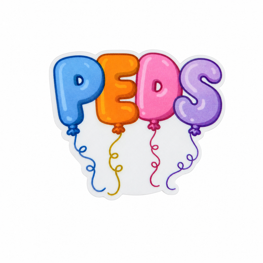 PEDS plastic add-on featuring colorful balloon letters, compatible with interchangeable badge reel bases and ideal for pediatric nurses and healthcare workers.