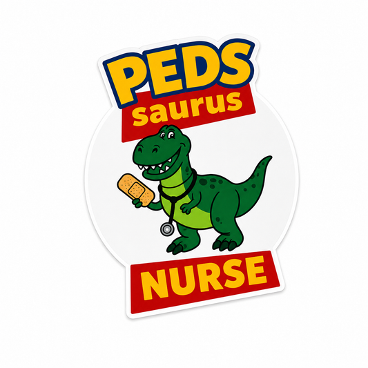 Pedsaurus Nurse plastic add-on with cute dinosaur nurse design for compatible interchangeable badge reel bases and pediatric nurse accessories