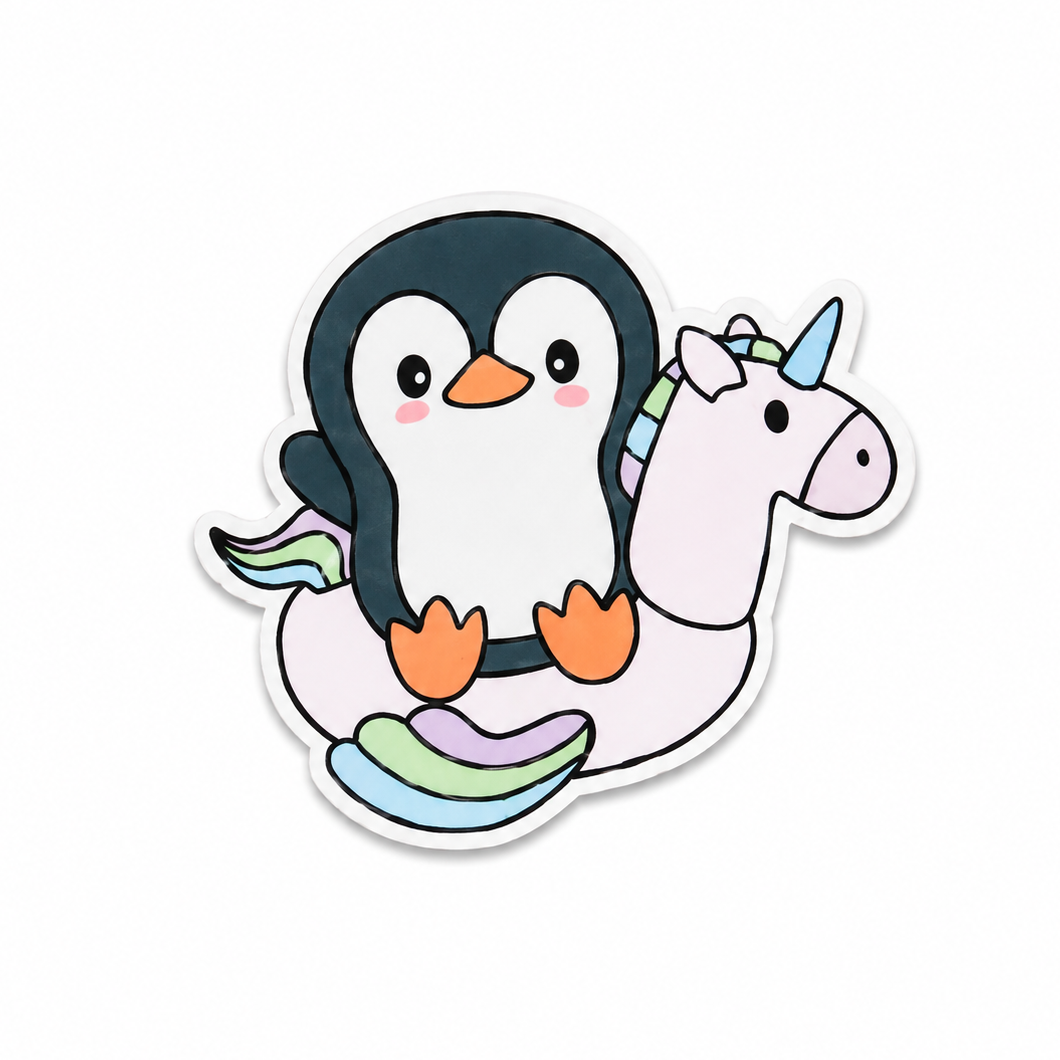 Cute penguin unicorn float plastic add-on with a playful summer animal design, made for compatible interchangeable badge reel bases