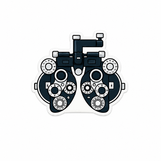 Phoropter eye exam plastic add-on with optometry theme, compatible with interchangeable badge reel bases