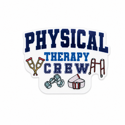 Plastic add-on featuring the text PHYSICAL THERAPY CREW with crutches, dumbbells, gait belt, and therapy equipment, compatible with interchangeable badge reel bases.