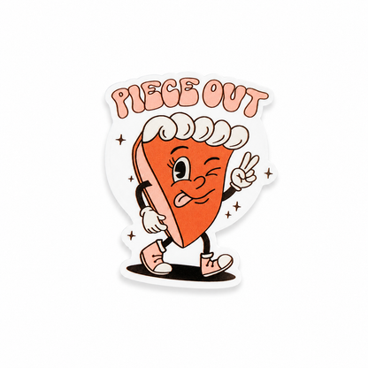 PIECE OUT plastic add-on with winking pizza slice and peace sign, funny pizza lover accessory compatible with interchangeable badge reel bases.