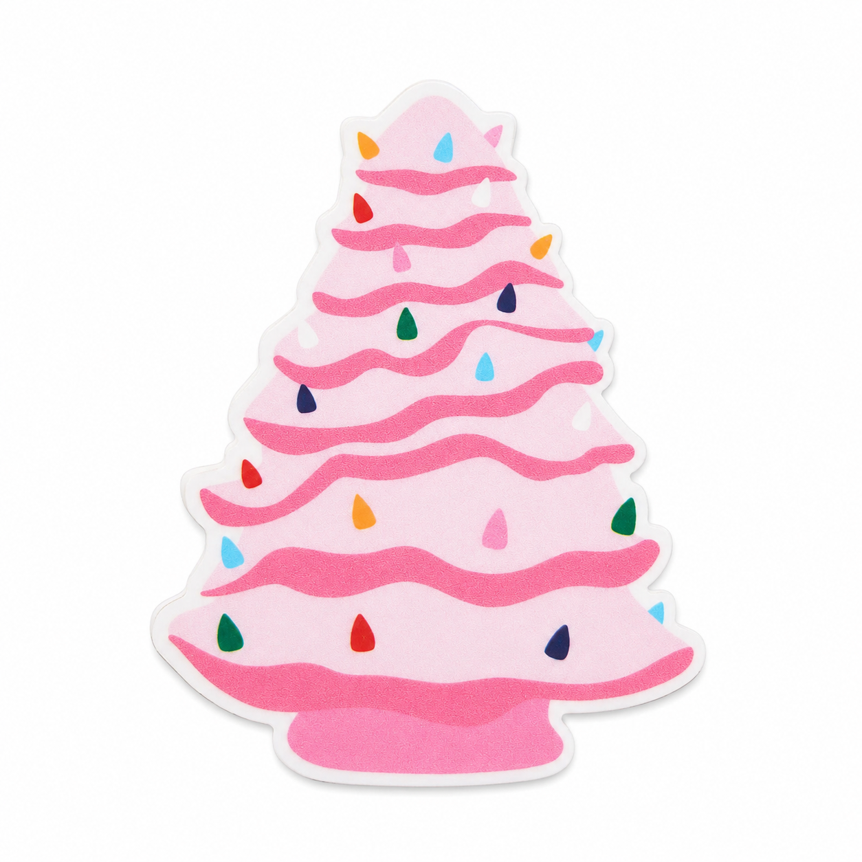 Pink Christmas tree plastic add-on featuring pastel garland and colorful ornaments, compatible with interchangeable badge reel bases and perfect for holiday lovers