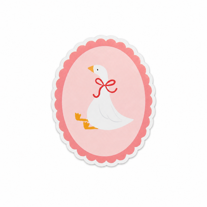 Pink coquette goose plastic add-on with red bow and scalloped oval frame, compatible with interchangeable badge reel bases