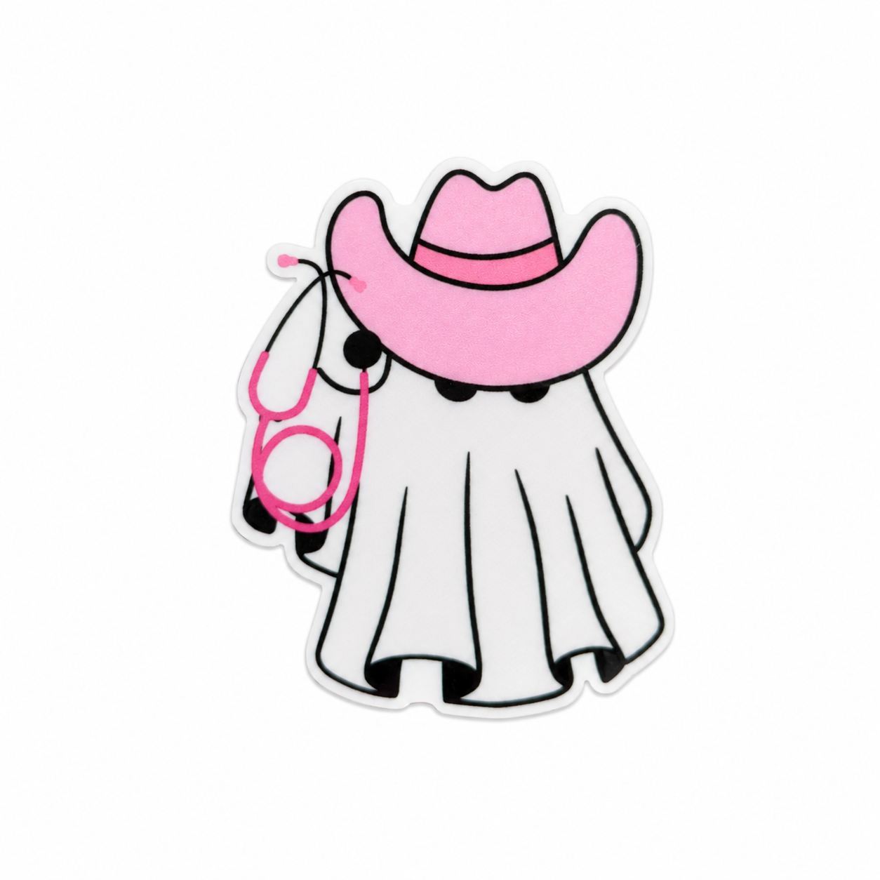 Plastic add-on featuring a cute ghost wearing a pink cowgirl hat and pink stethoscope, compatible with interchangeable badge reel bases and perfect for western and healthcare-themed accessories.