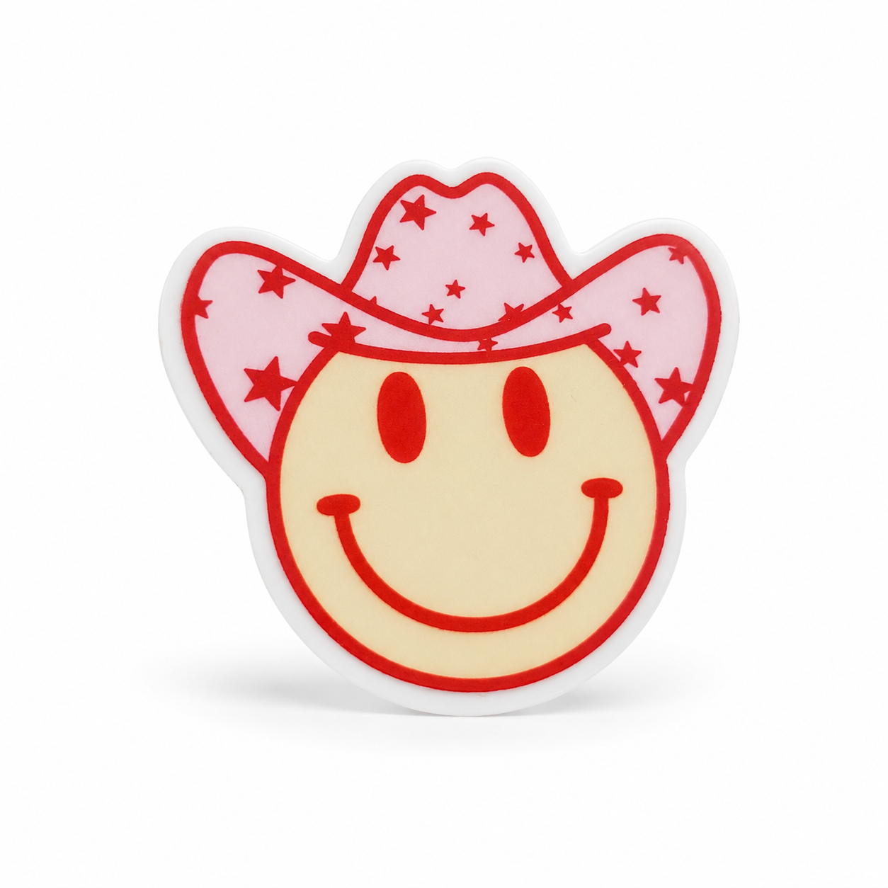 Pink cowgirl smiley plastic add-on with a cream happy face and pink star cowboy hat, compatible with interchangeable badge reel bases for western lovers.