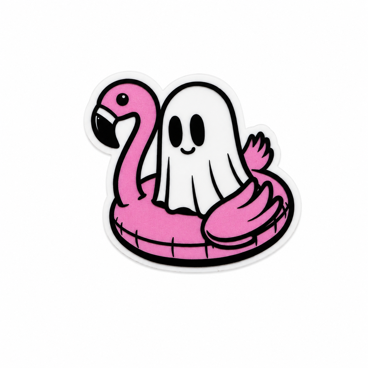 Plastic add-on featuring a cute white ghost sitting on a pink flamingo float, compatible with interchangeable badge reel bases and perfect for spooky season accessories.