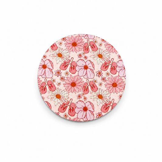 Pink floral lungs hard board add-on featuring illustrated lungs and flowers, compatible with interchangeable badge reel bases, respiratory therapy badge topper for healthcare workers.