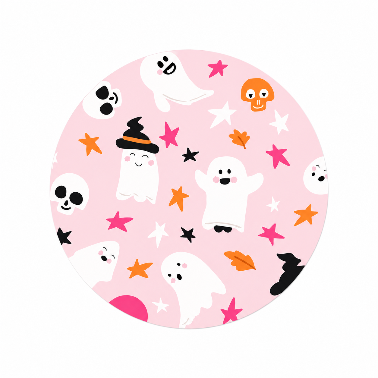Cute Halloween Ghost Pattern hard board add-on featuring smiling ghosts, stars, pumpkins, tiny skulls, leaves, and a witch hat, compatible with interchangeable badge reel bases.
