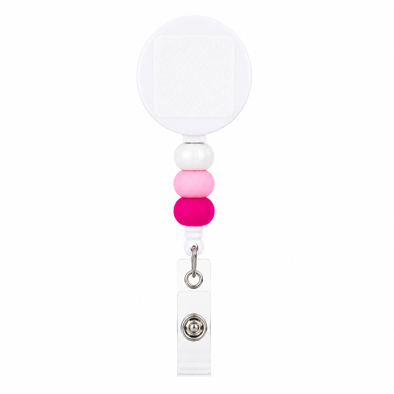 Pink beaded badge reel with pearl white, light pink, and hot pink silicone beads, retractable interchangeable badge reel compatible with plastic and hardboard add-ons.