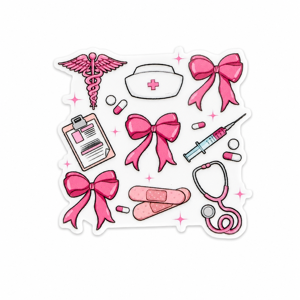 Pink medical icons plastic add-on featuring a nurse cap, stethoscope, syringe, clipboard, capsules, bandages, and bows, compatible with interchangeable badge reel bases for nurses and healthcare workers.