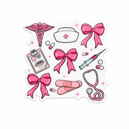Pink medical icons plastic add-on featuring a nurse cap, stethoscope, syringe, clipboard, capsules, bandages, and bows, compatible with interchangeable badge reel bases for nurses and healthcare workers.