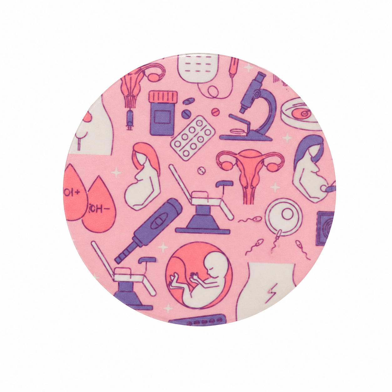 Pink OB Pattern hard board add-on featuring pregnancy, uterus, fetus, microscope, and women's health medical icons, compatible with interchangeable badge reel bases.