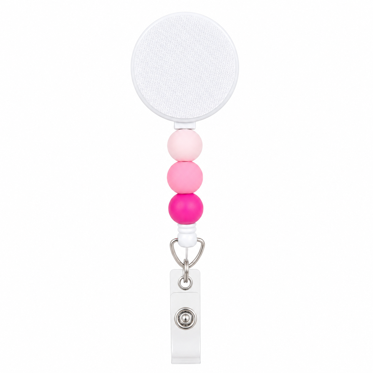 Pink Ombré badge reel featuring blush, light pink, and bright pink silicone beads with an interchangeable topper area on a retractable badge reel.
