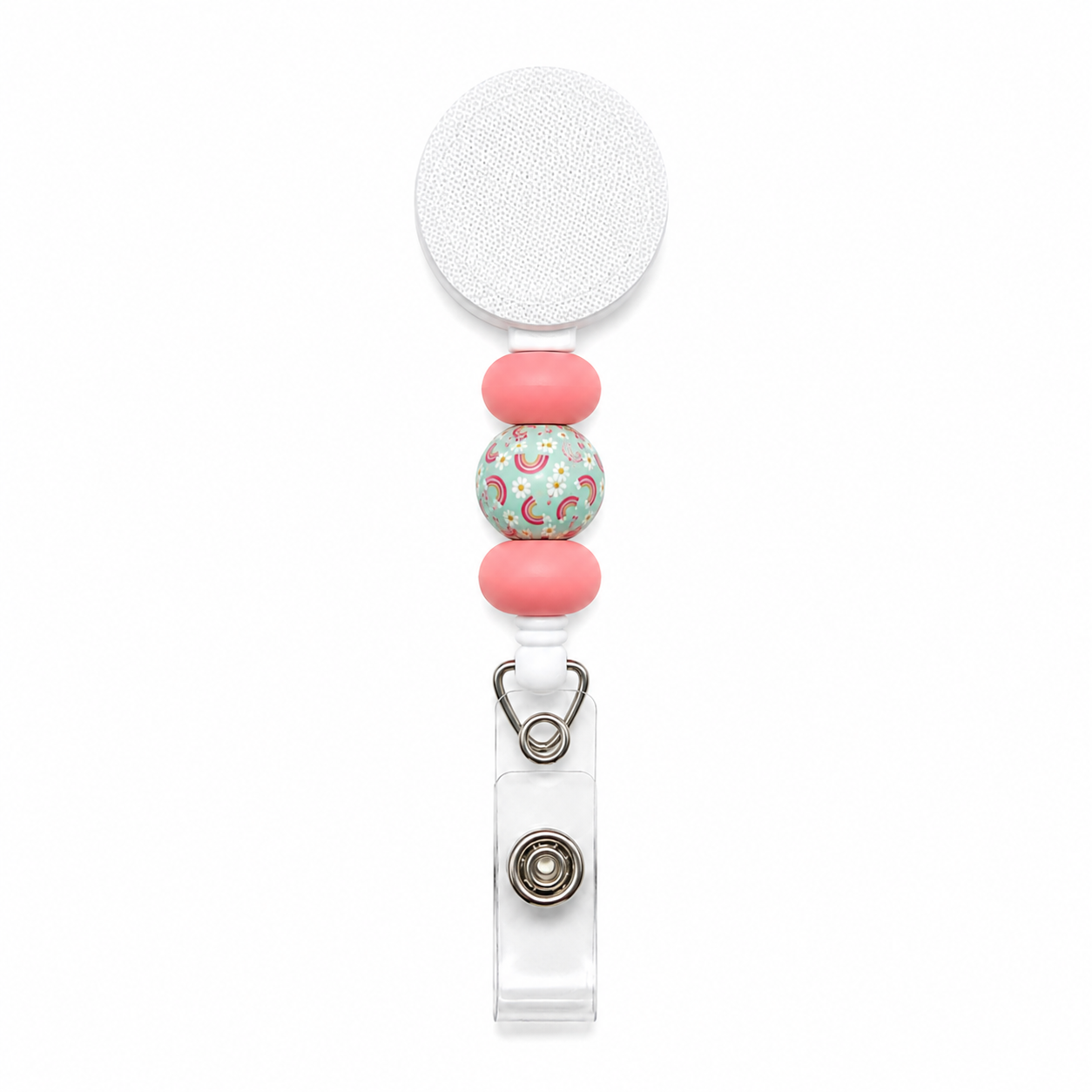 Pink rainbow beaded badge reel featuring coral-pink silicone beads, a mint green rainbow-patterned bead, retractable reel, and clear badge holder attachment.