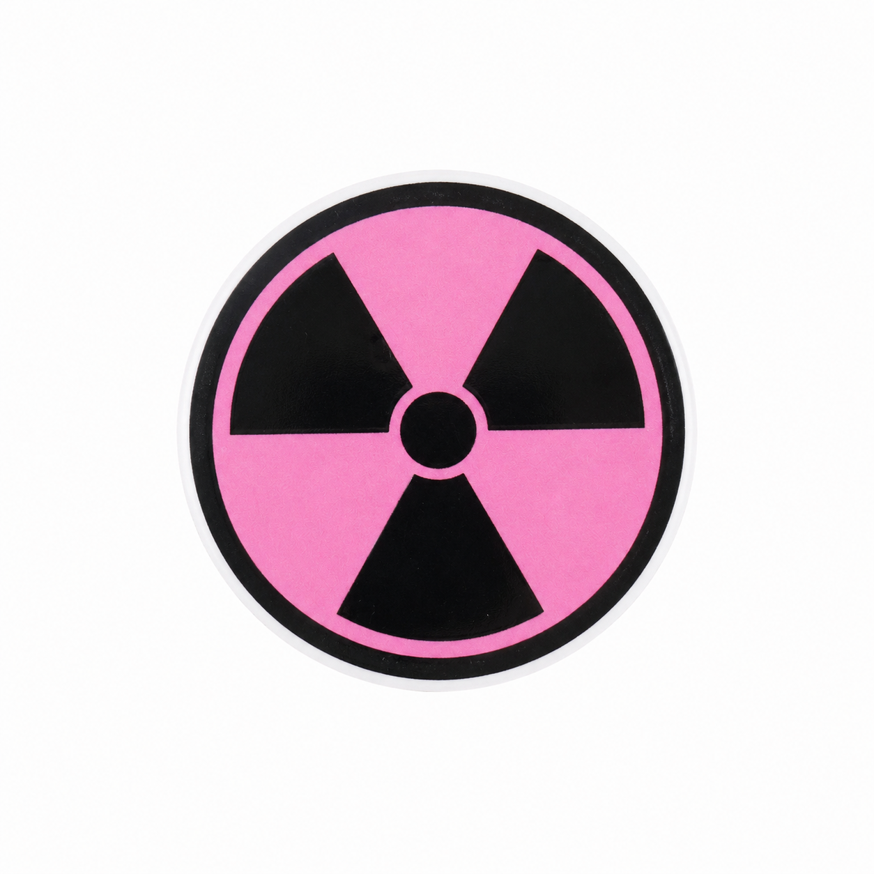 Pink Xray Radiation Sign plastic add-on featuring a black radiation symbol on a pink background, compatible with interchangeable badge reel bases and ideal for radiology professionals
