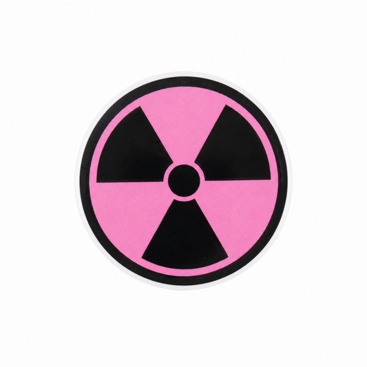 Pink Xray Radiation Sign plastic add-on featuring a black radiation symbol on a pink background, compatible with interchangeable badge reel bases and ideal for radiology professionals