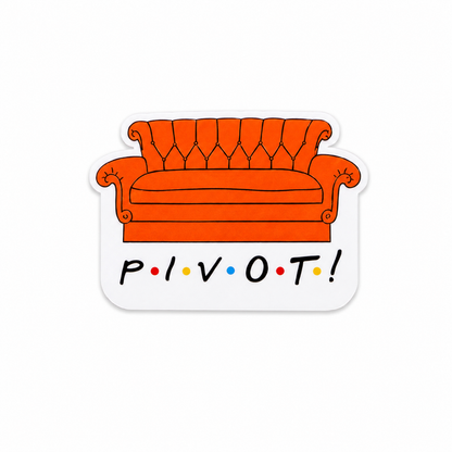Orange couch plastic add-on with Pivot text design compatible with interchangeable badge reel bases for nurses and healthcare workers.