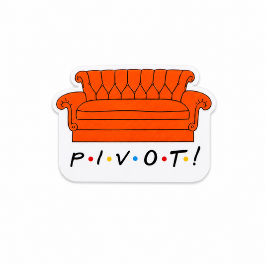 Orange couch plastic add-on with Pivot text design compatible with interchangeable badge reel bases for nurses and healthcare workers.