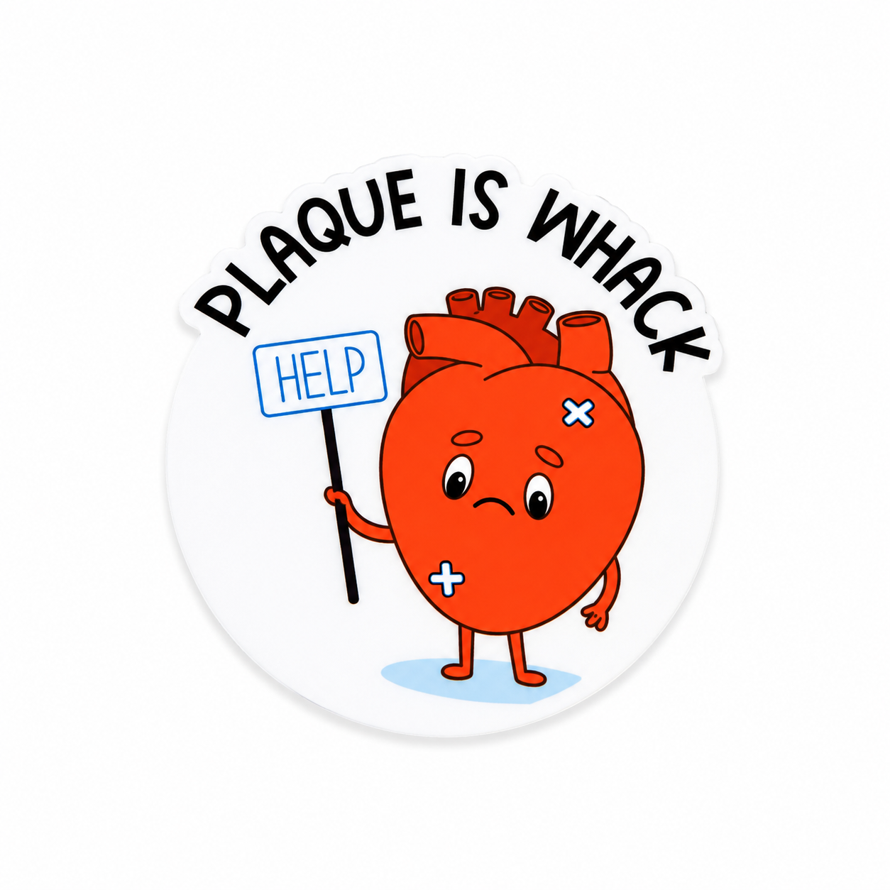 Plaque Is Whack plastic add-on with a cartoon heart holding a HELP sign, compatible with interchangeable badge reel bases
