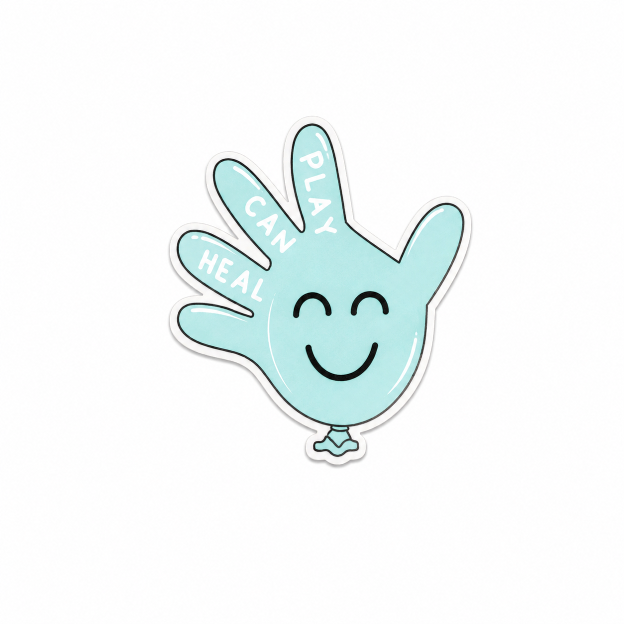 Play Can Heal child life plastic add-on with blue hand design, smiley face, and soft playful style, compatible with interchangeable badge reel bases