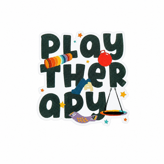 Play Therapy plastic add-on featuring therapy-themed illustrations including a telescope, toy airplane, balance swing, ball, and stars, compatible with interchangeable badge reel bases for OT, PT, and SLP professionals.