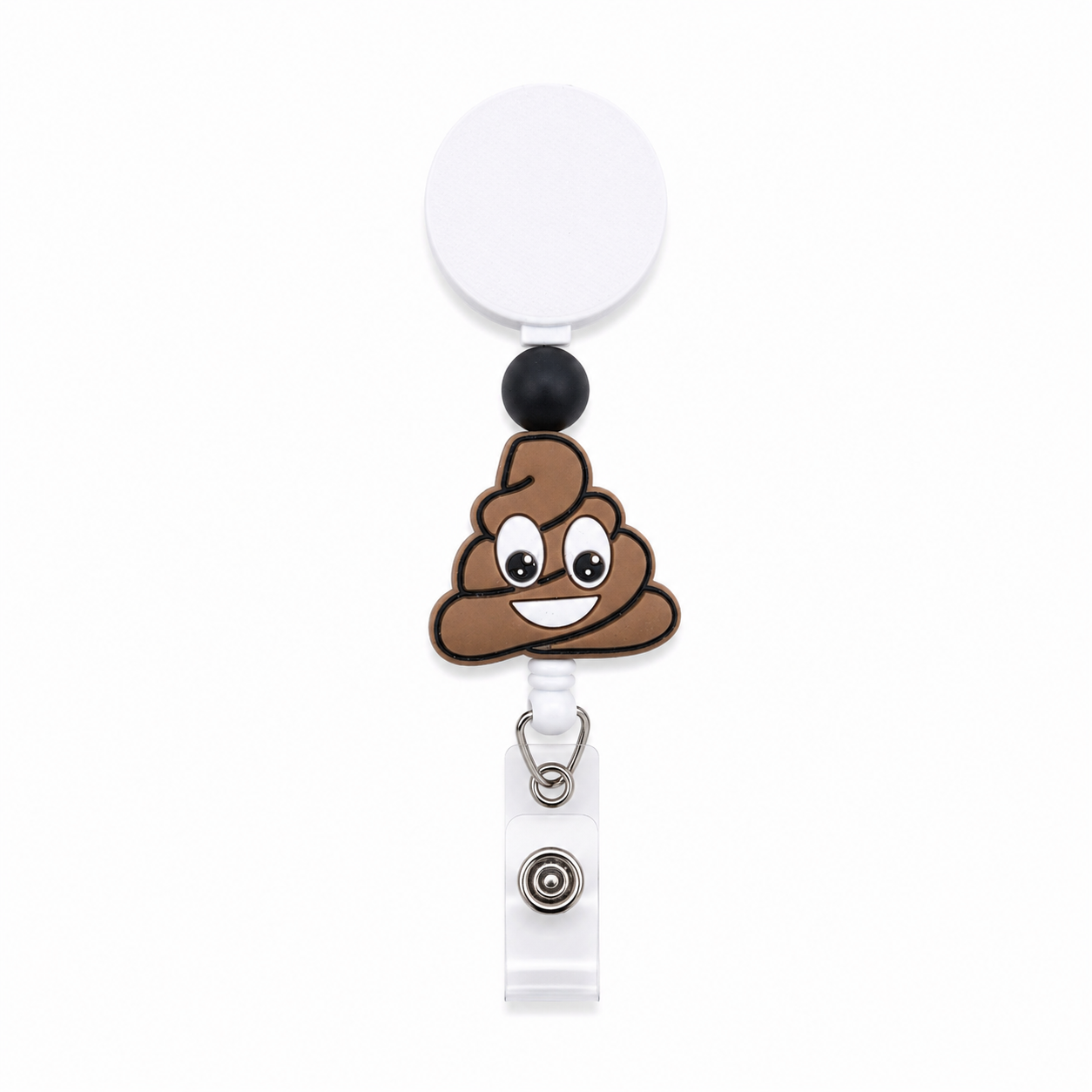 Funny poop emoji badge reel featuring a smiling brown design, black silicone accent bead, and white retractable reel for nurses, teachers, and work.