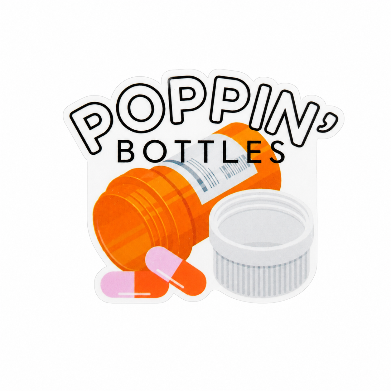 POPPIN’ BOTTLES plastic add-on featuring a prescription bottle and capsules, compatible with interchangeable badge reel bases, perfect for pharmacists and pharmacy technicians.
