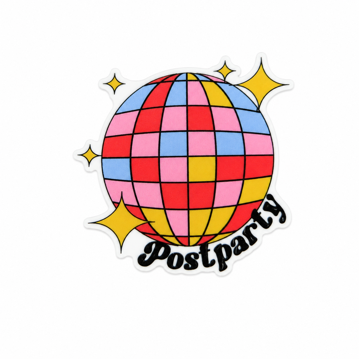Plastic add-on featuring a colorful disco ball and the text "Postparty," compatible with interchangeable badge reel bases and ideal for postpartum and mother-baby healthcare staff.