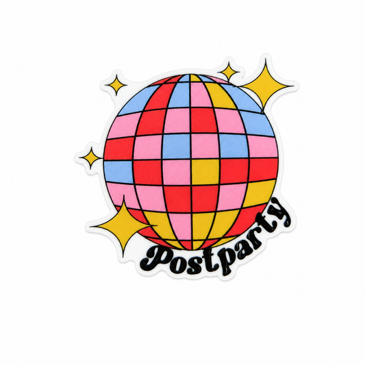 Plastic add-on featuring a colorful disco ball and the text "Postparty," compatible with interchangeable badge reel bases and ideal for postpartum and mother-baby healthcare staff.