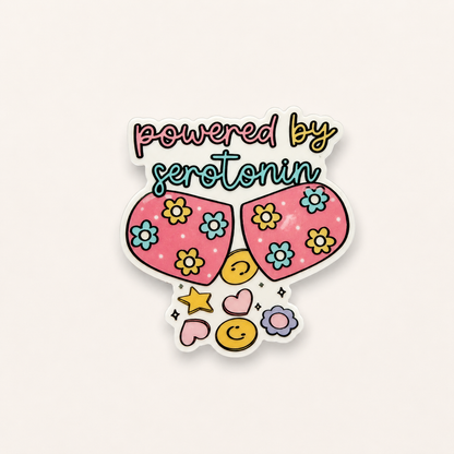 Cute “Powered by Serotonin” sticker with pastel floral sunglasses, smiley faces, and colorful retro kawaii aesthetic on a white background.