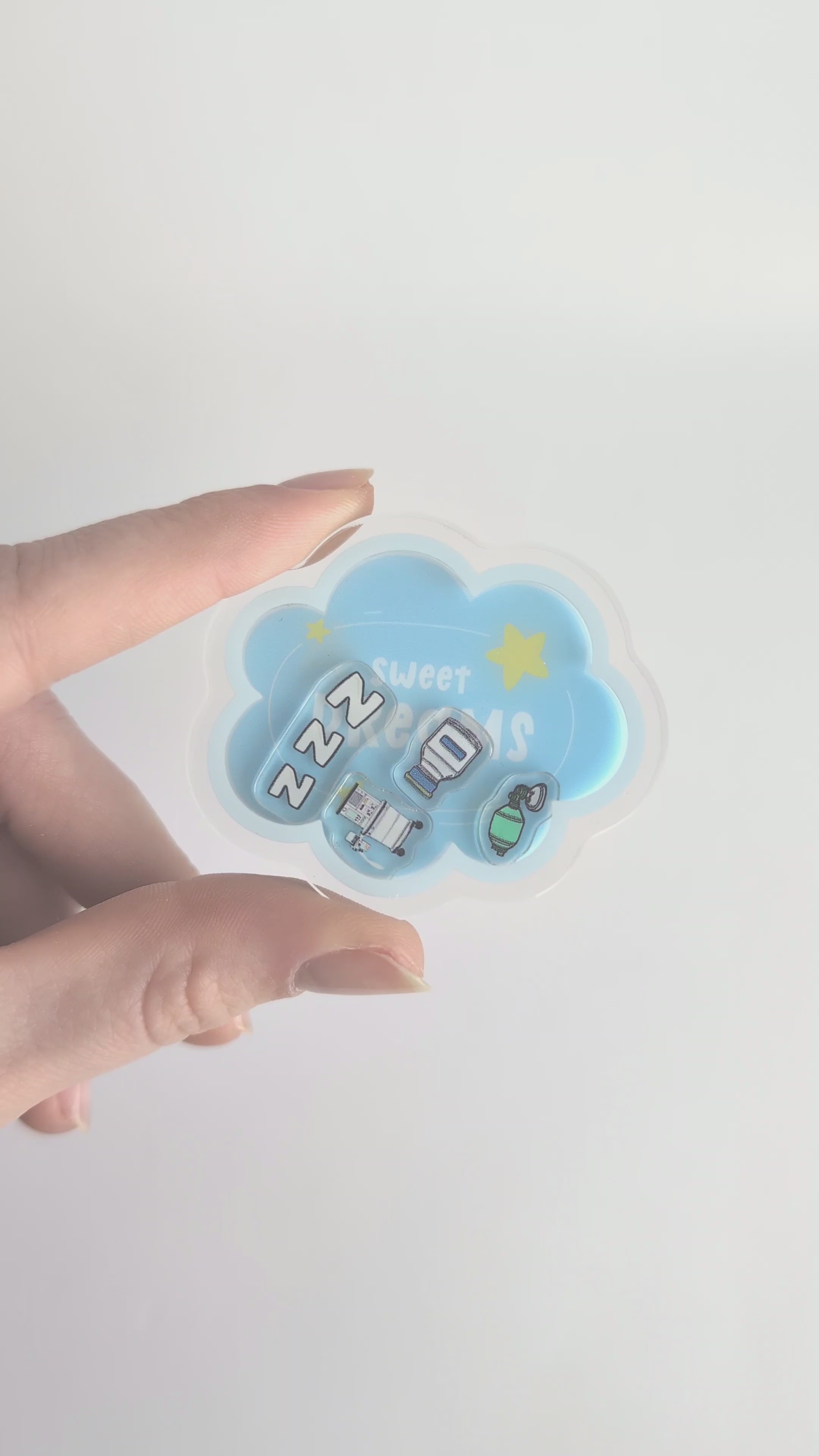 Sweet Dreams anesthesia plastic shaker add-on featuring anesthesia equipment and sleep-themed shaker elements for compatible interchangeable badge reel bases