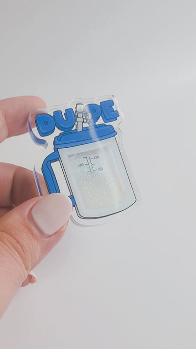 DUPE plastic shaker add-on featuring a respiratory humidifier bottle design with glitter shaker effect for compatible interchangeable badge reel bases.