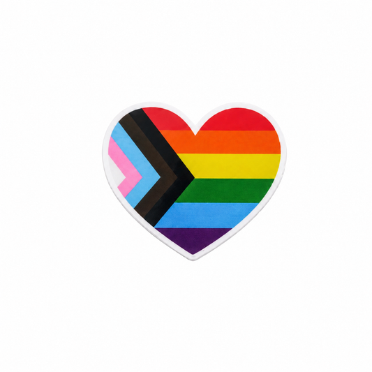 Pride Heart plastic add-on featuring the Progress Pride Flag heart design, compatible with interchangeable badge reel bases, LGBTQ pride badge topper accessory
