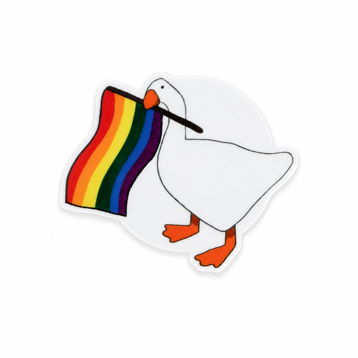 Plastic add-on featuring a white goose carrying a rainbow pride flag, compatible with interchangeable badge reel bases. Cute LGBTQ+ animal lover accessory.