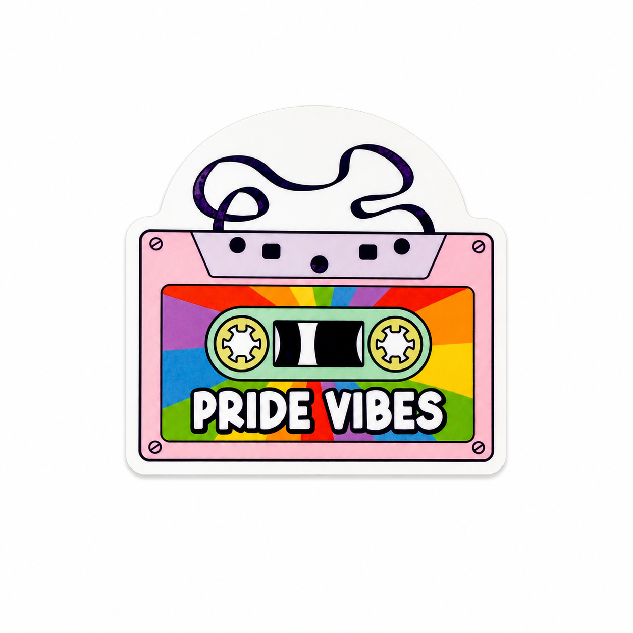 PRIDE VIBES plastic add-on featuring a rainbow cassette tape design, compatible with interchangeable badge reel bases, LGBTQ pride accessory