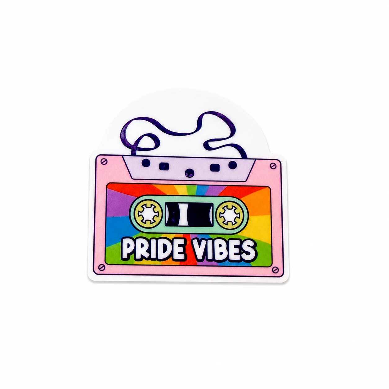 PRIDE VIBES plastic add-on featuring a rainbow cassette tape design, compatible with interchangeable badge reel bases, LGBTQ pride accessory