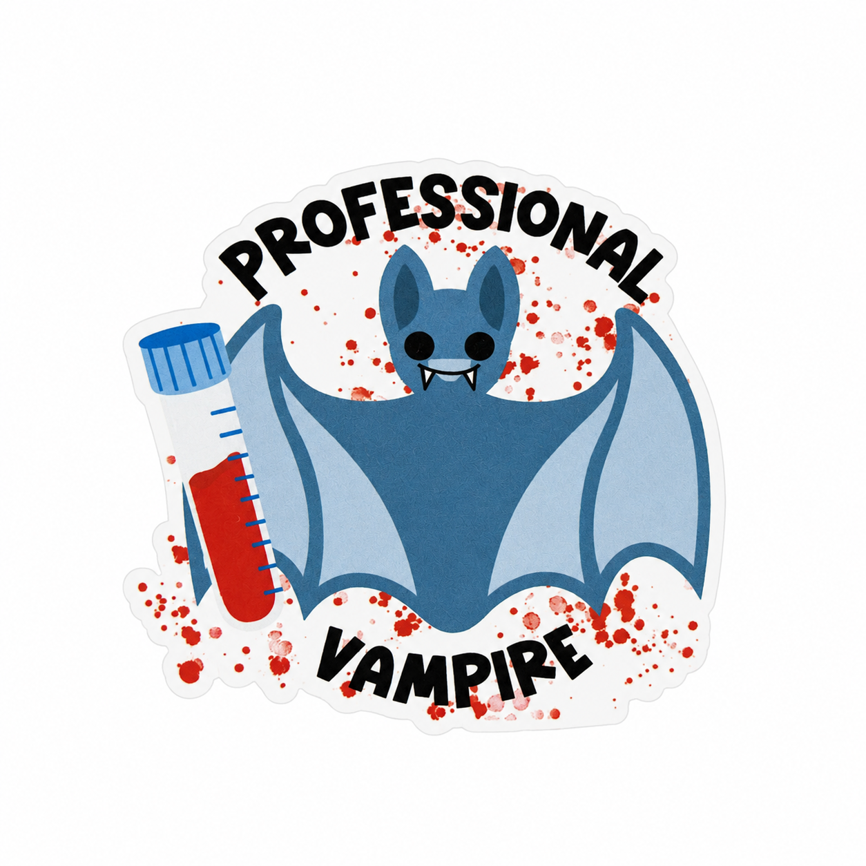 Professional Vampire plastic add-on with a cute blue bat, blood collection tube, and blood splatter design, compatible with interchangeable badge reel bases for phlebotomists and lab professionals.