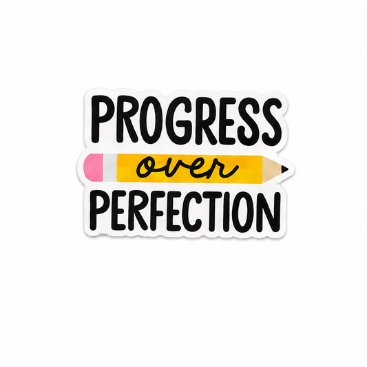 Progress Over Perfection plastic add-on with pencil design compatible with interchangeable badge reel bases for teachers and healthcare workers