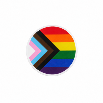 Progress Pride Flag circle plastic add-on featuring rainbow and pride flag colors, compatible with interchangeable badge reel bases, LGBTQ pride badge topper accessory
